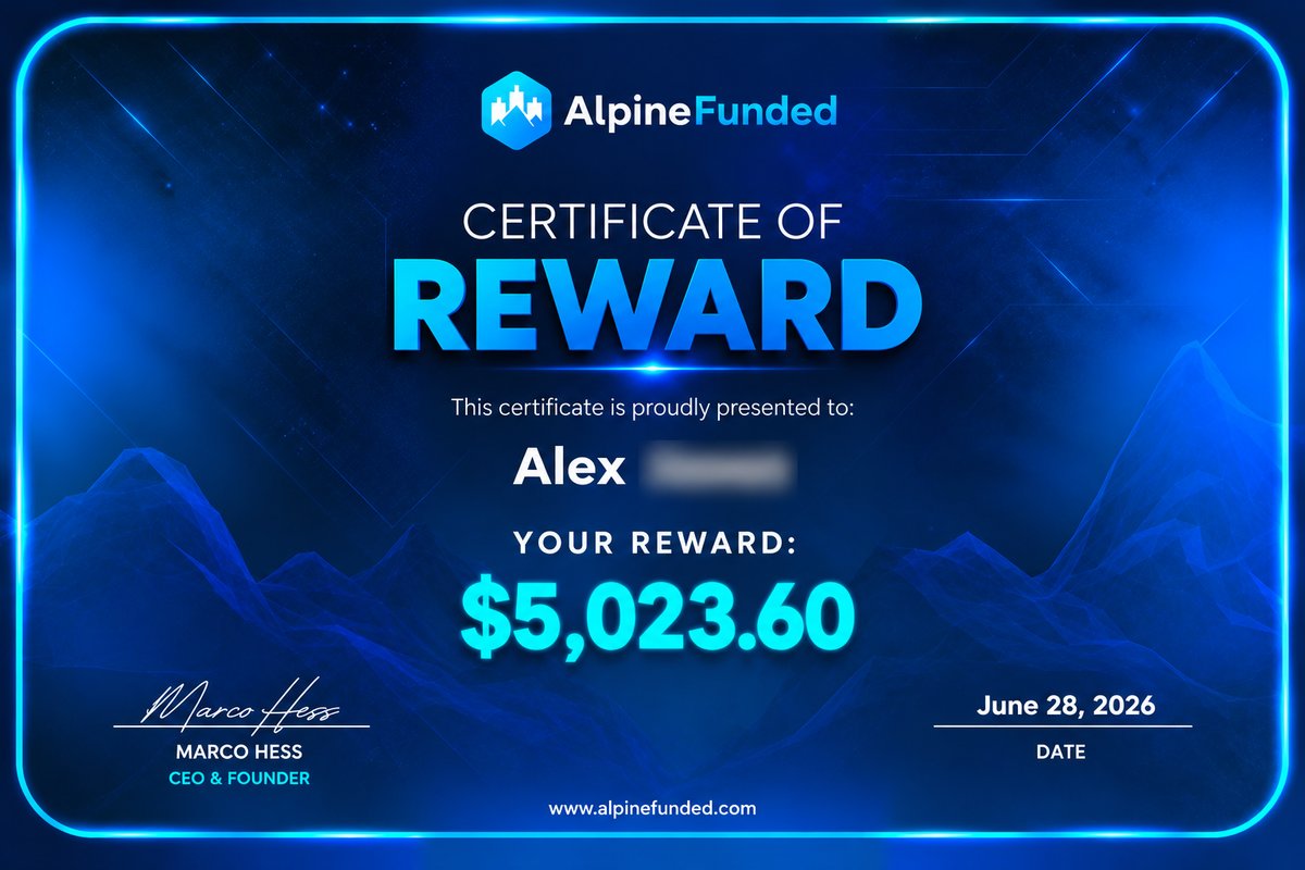 Alpine Funded reward certificate: $5,023.60 paid to Alex, June 28, 2026