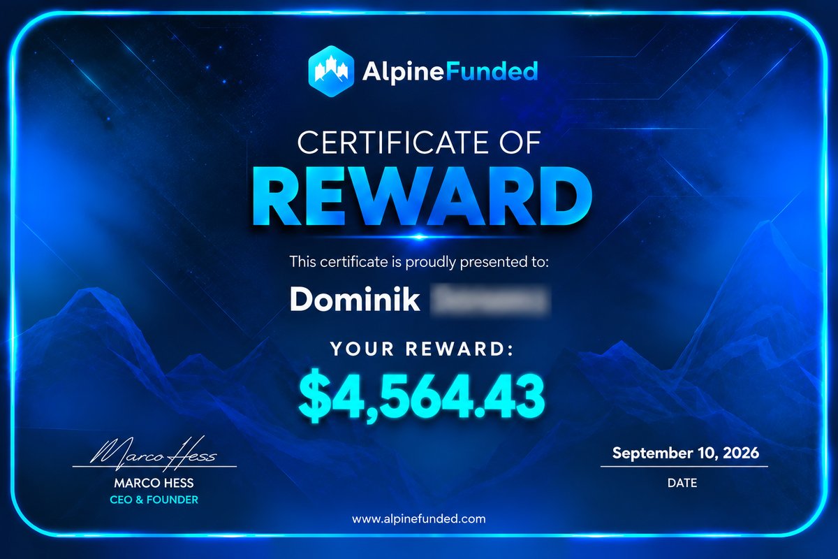 Alpine Funded reward certificate: $4,564.43 paid to Dominik, September 10, 2026