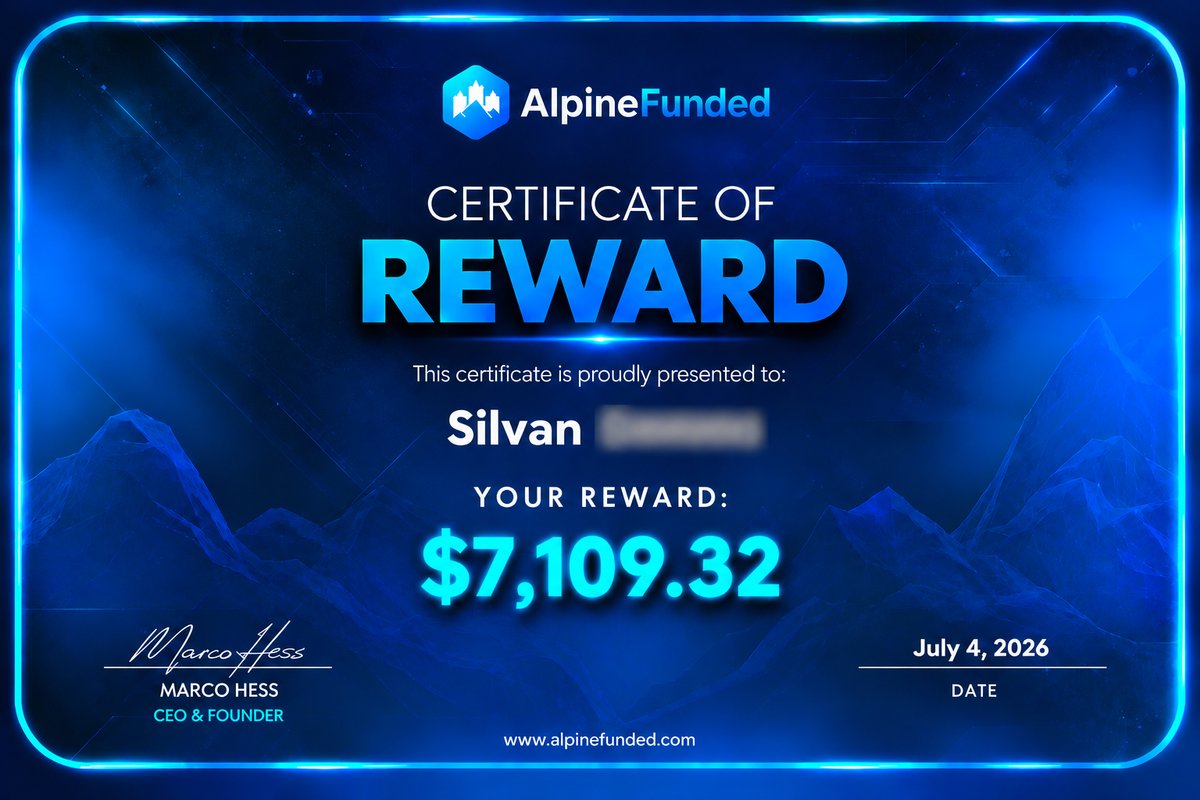 Alpine Funded reward certificate: $7,109.32 paid to Silvan, July 4, 2026
