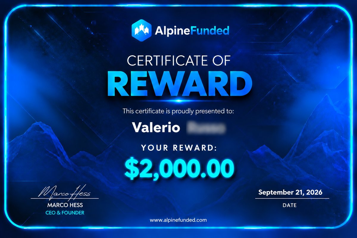 Alpine Funded reward certificate: $2,000 paid to Valerio, September 21, 2026