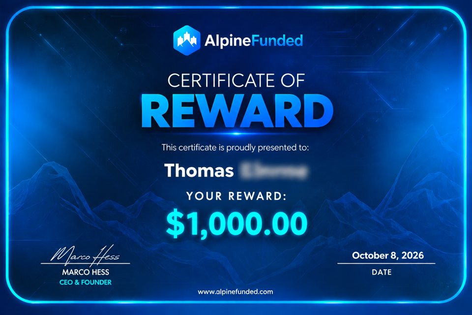 Alpine Pass reward certificate: $1,000 reward paid to Thomas, October 8, 2026
